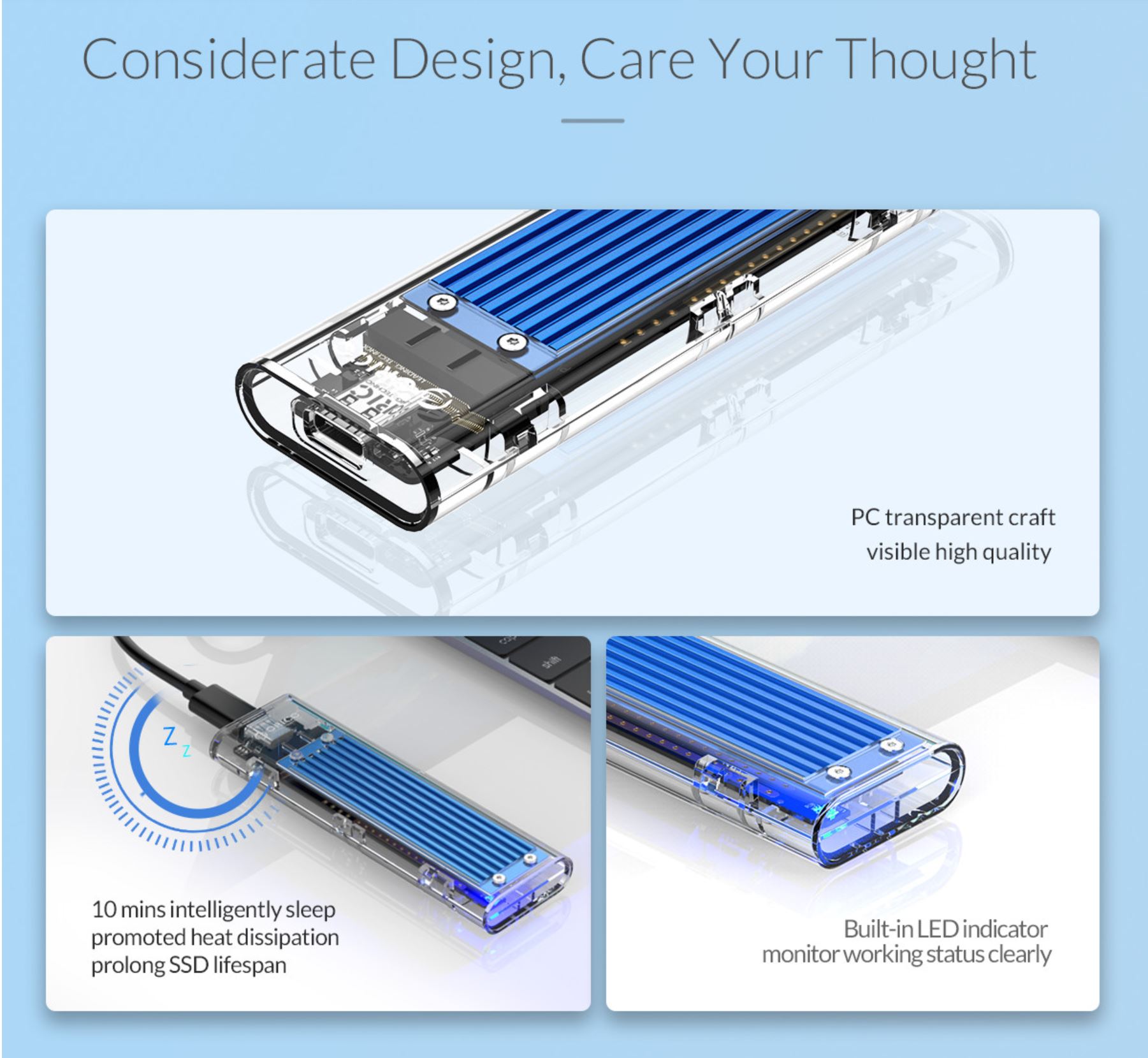 Orico TCM2-C3-BL USB 3.1 Type C Gen 2 M.2 Enclosure Transparent Blue