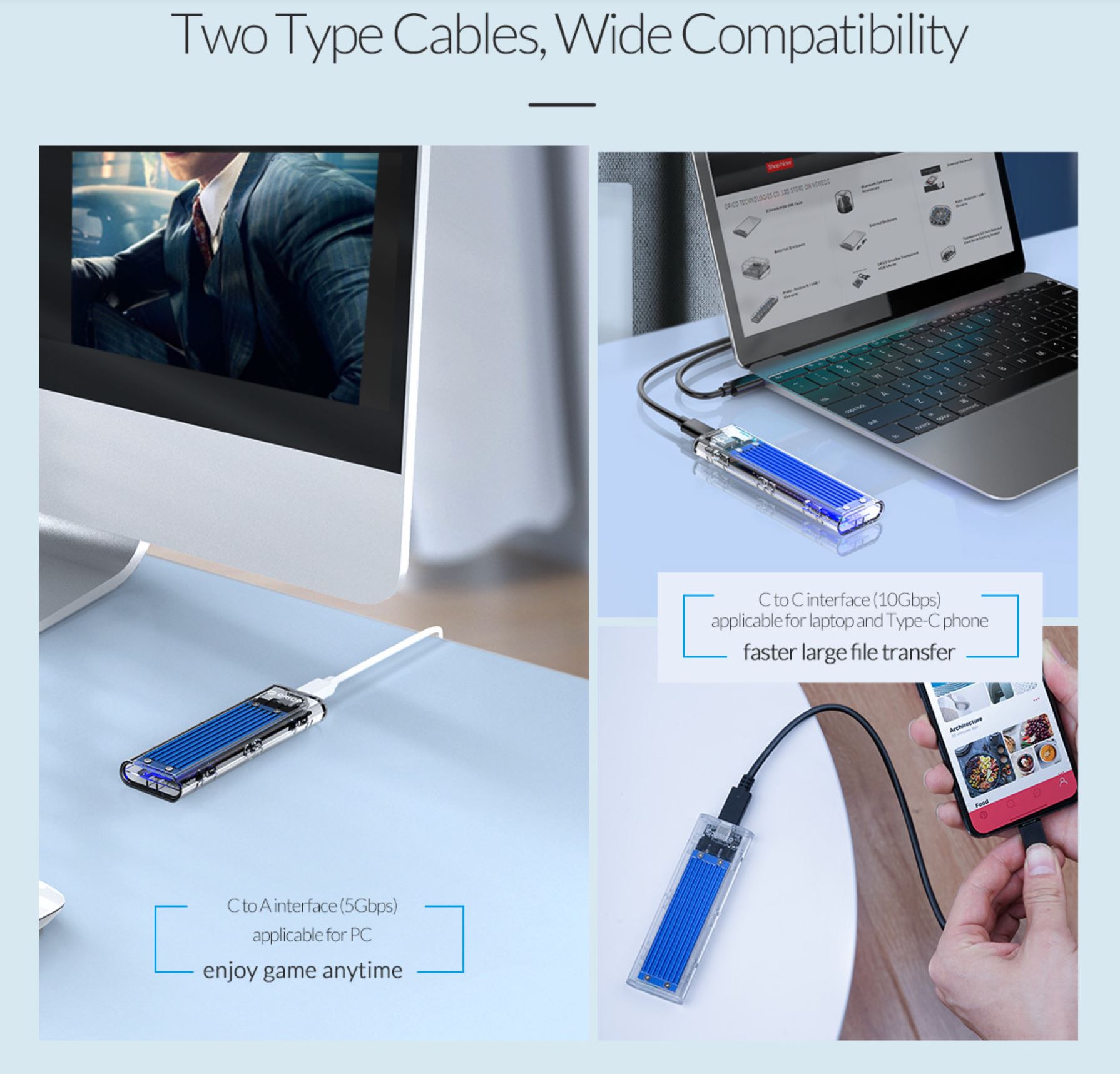 Orico TCM2-C3-BL USB 3.1 Type C Gen 2 M.2 Enclosure Transparent Blue