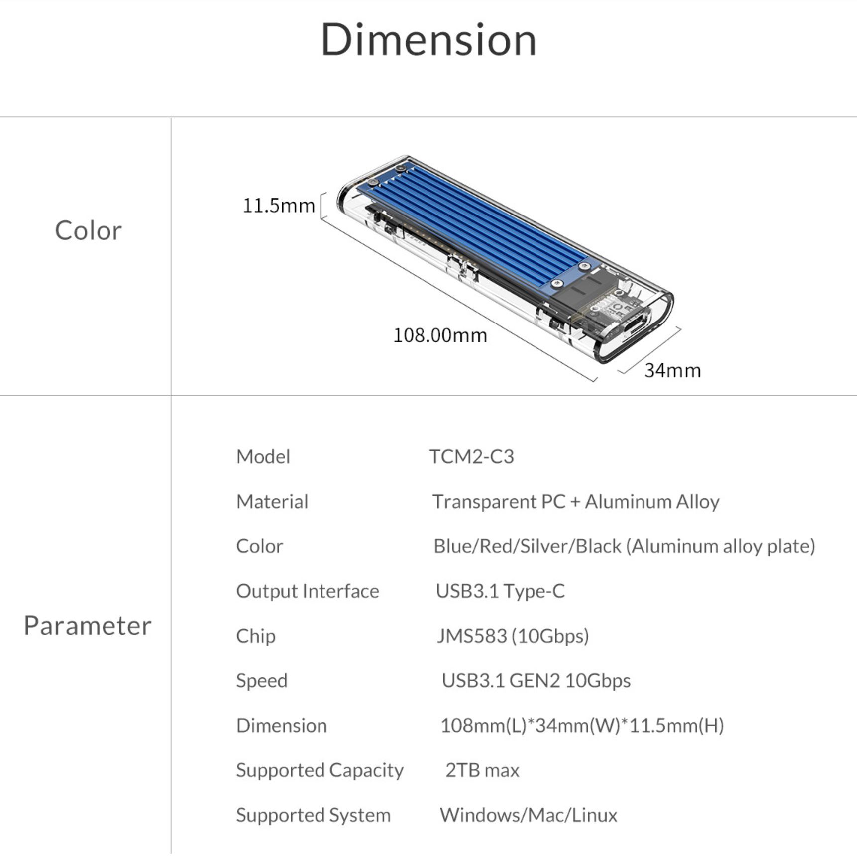 Orico TCM2-C3-BL USB 3.1 Type C Gen 2 M.2 Enclosure Transparent Blue