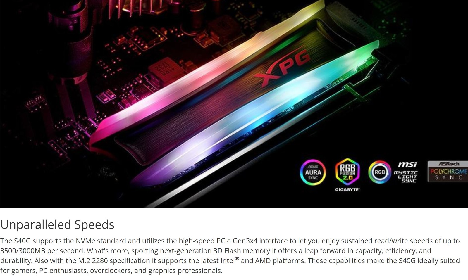ADATA XPG Spectrix S40G 2TB RGB PCIe Gen3 M.2 2280 NVMe SSD (AS40G-2TT-C)