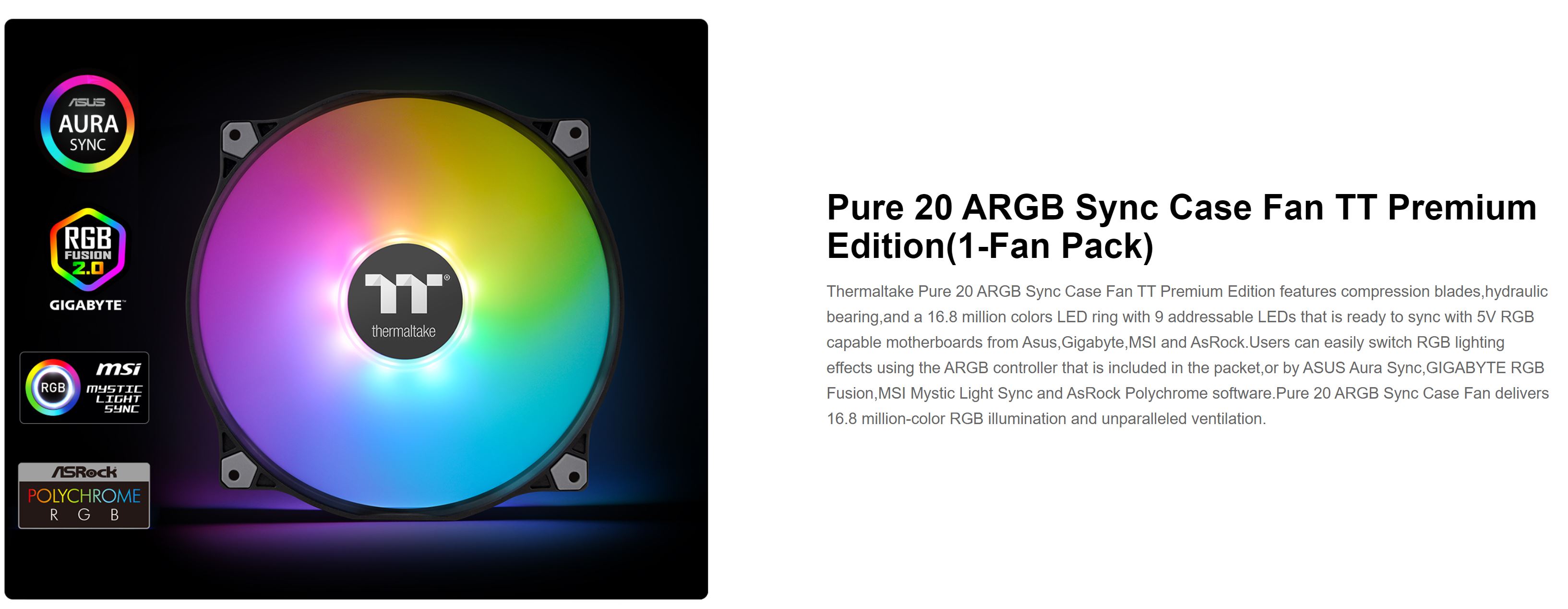 Thermaltake Pure 20 200mm ARGB Sync Case Fan TT Premium Edition - 1 Pack
