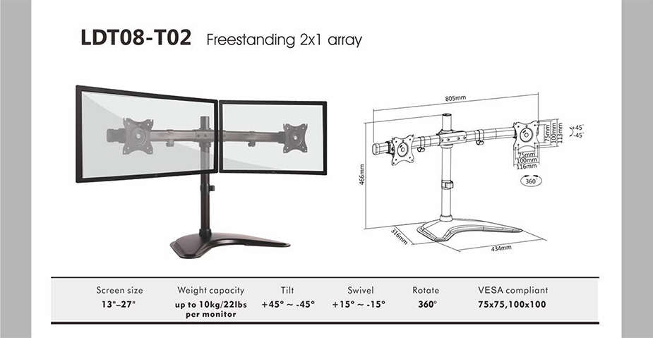 Brateck Horizontal Dual Screen Monitor Stand (LDT08-T02)