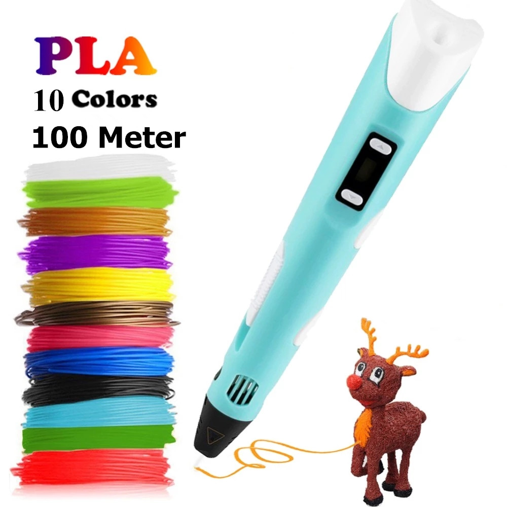 3D Printing Pen DIY Drawing Pen With LCD Display 3D Pen With 10 Colors/100 Meter PLA Filament Christmas Birthday Gift for Child Blue