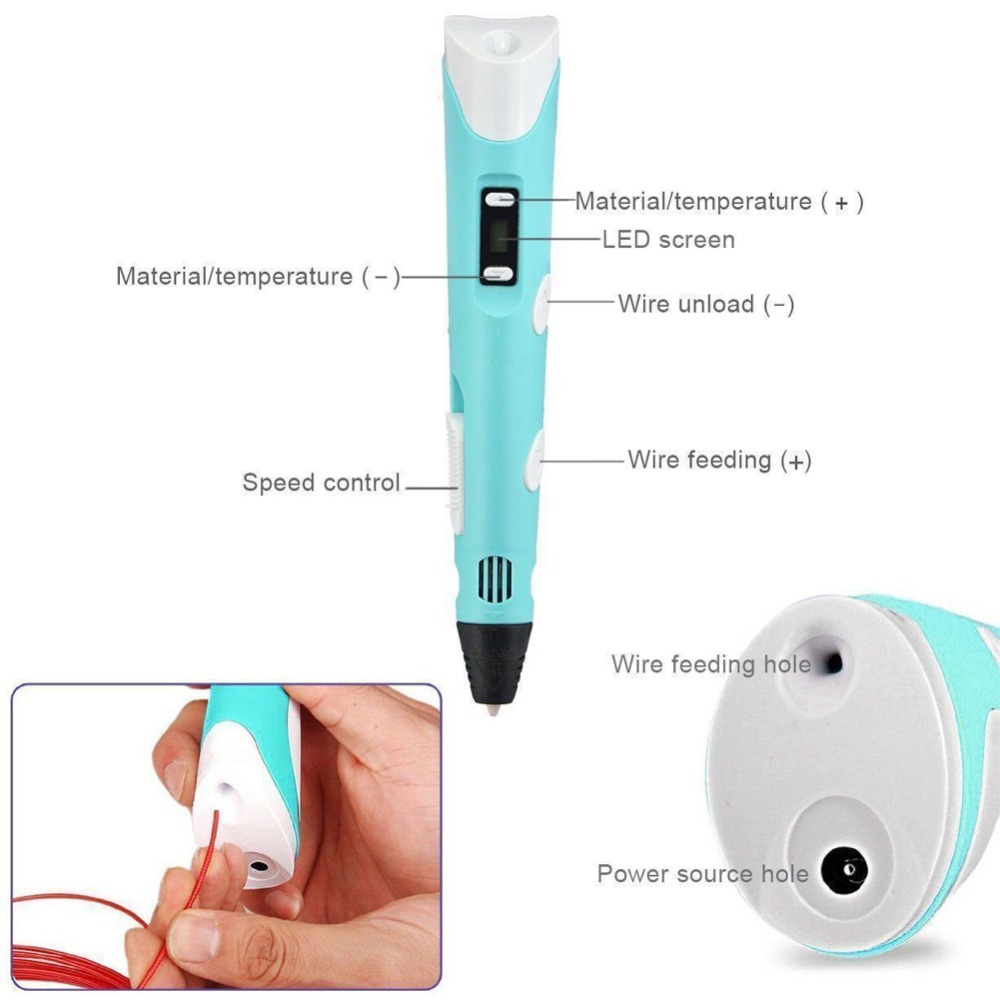 3D Printing Pen DIY Drawing Pen With LCD Display 3D Pen With 10 Colors/100 Meter PLA Filament Christmas Birthday Gift for Child Blue