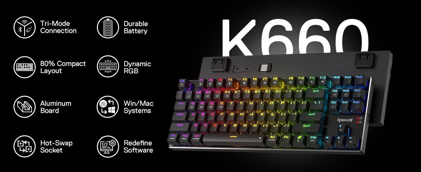 Redragon K556 PRO TKL Wireless RGB 80% 87 Keys BT/2.4Ghz Tri-Mode Mechanical Keyboard Gaming Hot-Swap Sockets & Noise Absorbing Form, Red Switch