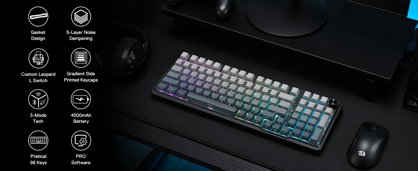 Redragon K686 PRO 98 Keys Wireless Gasket RGB Gaming 3-Mode Win/Mac Mechanical 5-Layer Noise Dampening Keyboard，Hot-Swap in Linear Red Switch, Blue Hi