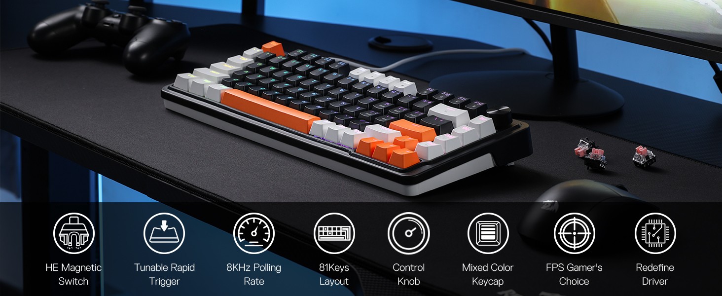 Redragon K714 Rapid Trigger HE Gaming 75% 81 Keys Wired Mechanical Keyboard,Magnetic Switch, Actuation Point Adjustable, 8K Hz Polling Rate