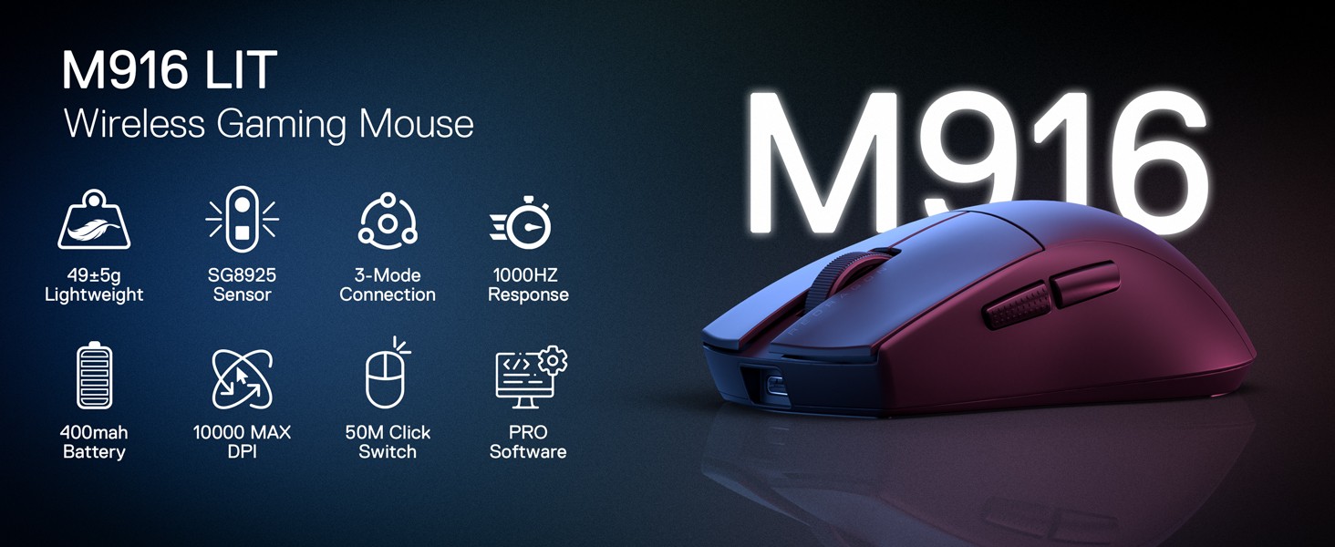 Redragon M916 LIT Wireless Gaming 49G Ultra-Light 8K DPI Ergonomic Natural Grip Build, Full Programmable Buttons Mouse