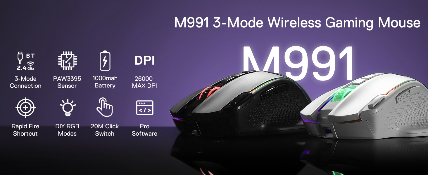 Redragon M991 Wireless Gaming Mouse, 26000 DPI 3-Mode Gamer Mice Rapid Fire Key, 9 Macro Buttons, Powerful Capacity and RGB Backlight, White