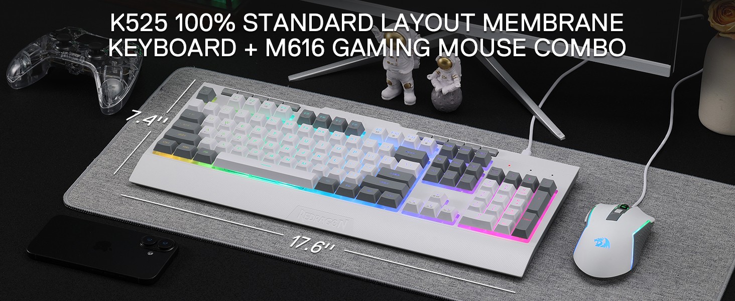 Redragon S151 Gaming Keyboard & Mouse Combo, 104 Keys K525 Wired RGB Membrane Keyboard and 10000 DPI Wired M616 Gaming Mouse Bundle, White&Gray