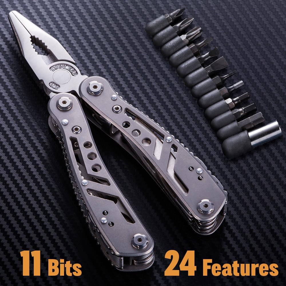 24-in-1 Multitool with Knife, Pliers & 11 Bits Sharp Stainless Steel - Multi Tool for Men - Ideal Gear with Tools for Camping Hiking, Survival, EDC - 