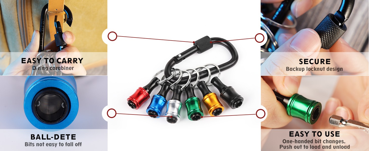 Push to Unlock,Katerk 6pcs 1/4 inch Hex Shank Aluminum Alloy Screwdriver Bit Holder Light-Weight Quick-Change Extension Bar Keychain Drill Screw Adapt