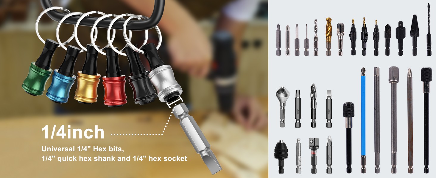 Push to Unlock,Katerk 6pcs 1/4 inch Hex Shank Aluminum Alloy Screwdriver Bit Holder Light-Weight Quick-Change Extension Bar Keychain Drill Screw Adapt