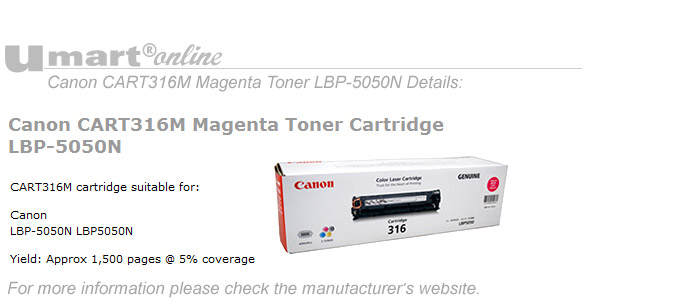 Canon Magenta Toner Cartridge for LBP-5050N (CART316M)