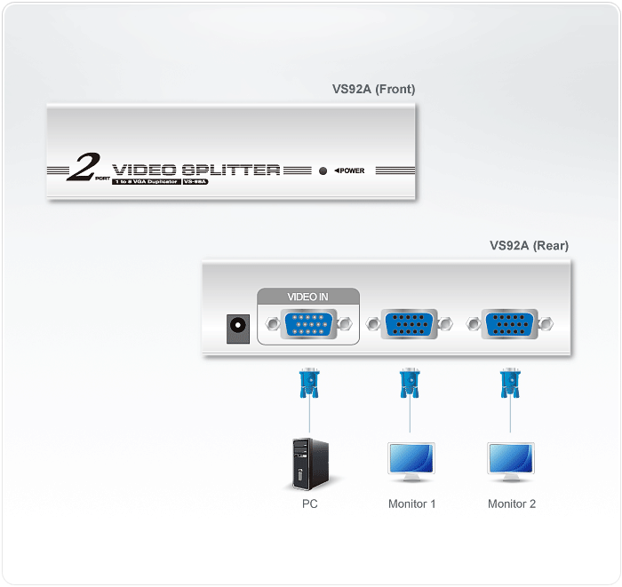 Aten VS-92A 2 port Video Splitter 250Mhz1920X1440@60HZ upto 65M