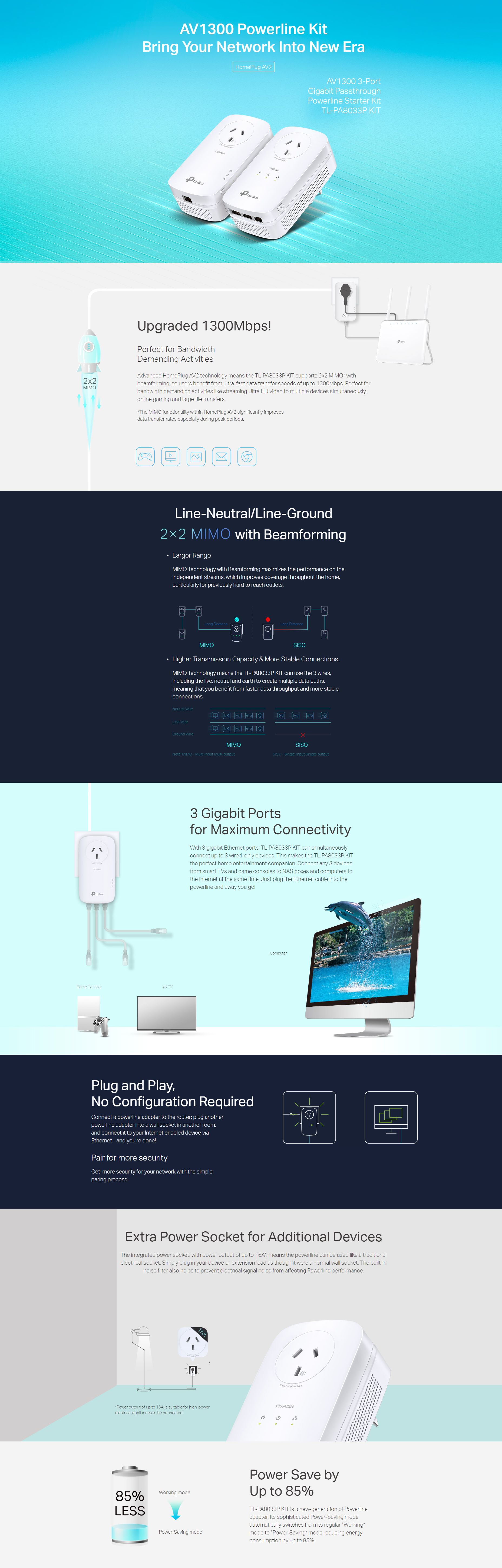 TP-Link TL-PA8033PKIT AV1300 3-Port Gigabit Passthrough Powerline Starter Kit