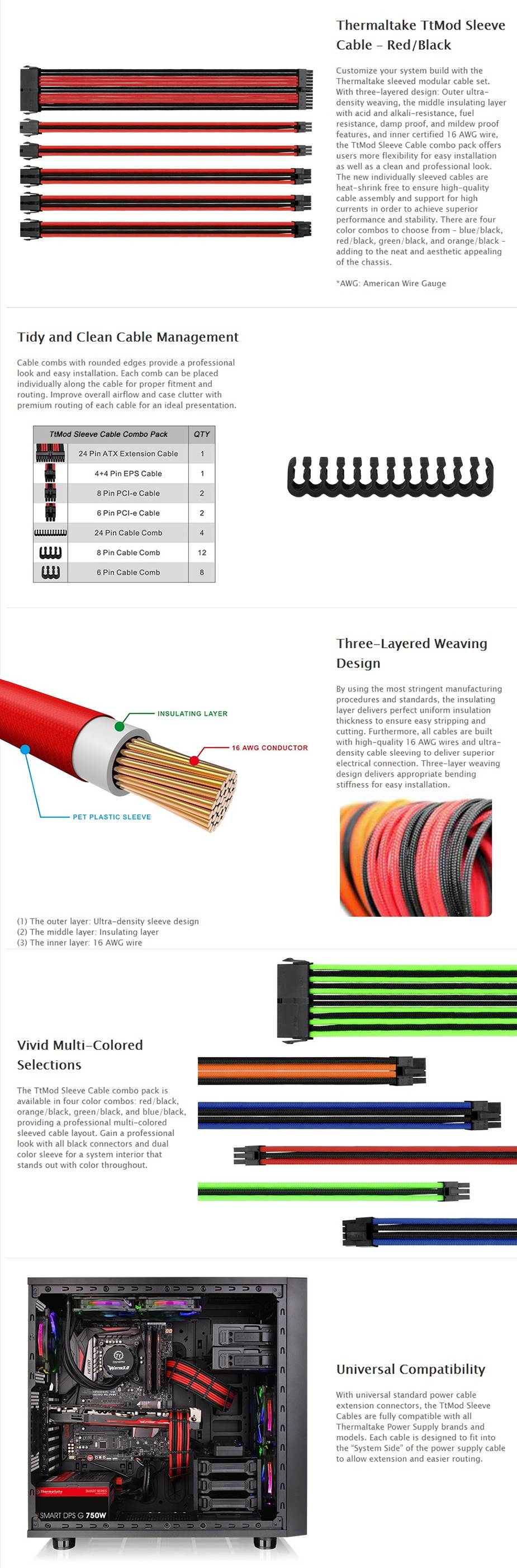 Thermaltake TTMod Sleeved Extension Cable Kit - Red and Black