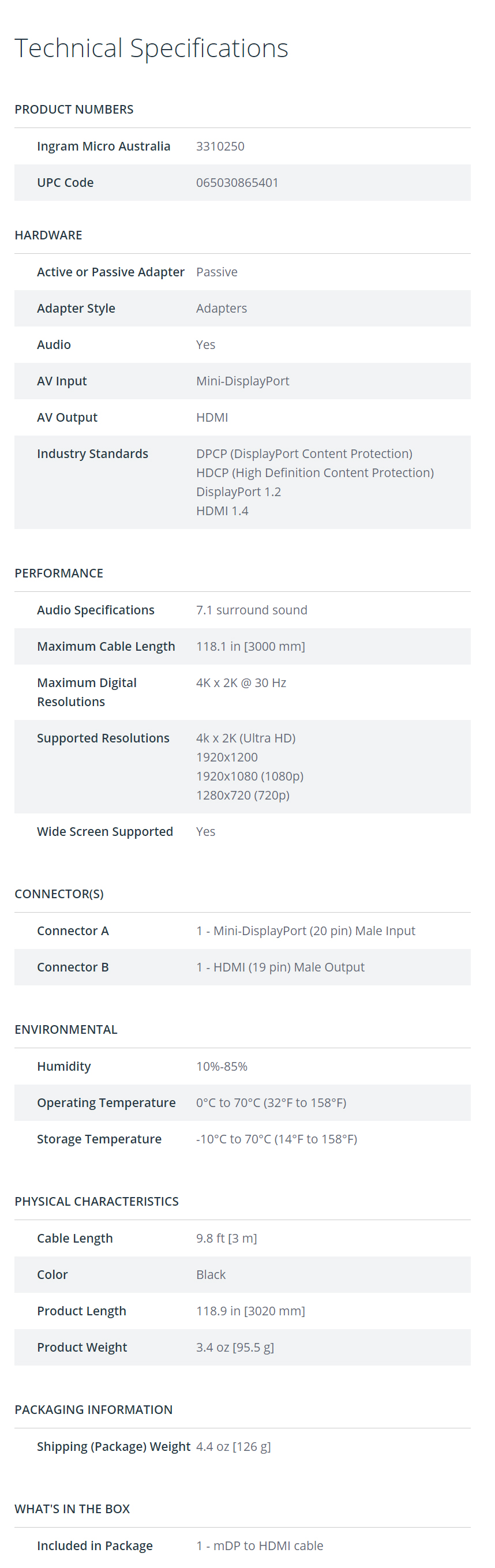 Startech Mini DisplayPort to HDMI Converter Cable - 3 M (10 FT.) - 4K 30HZ