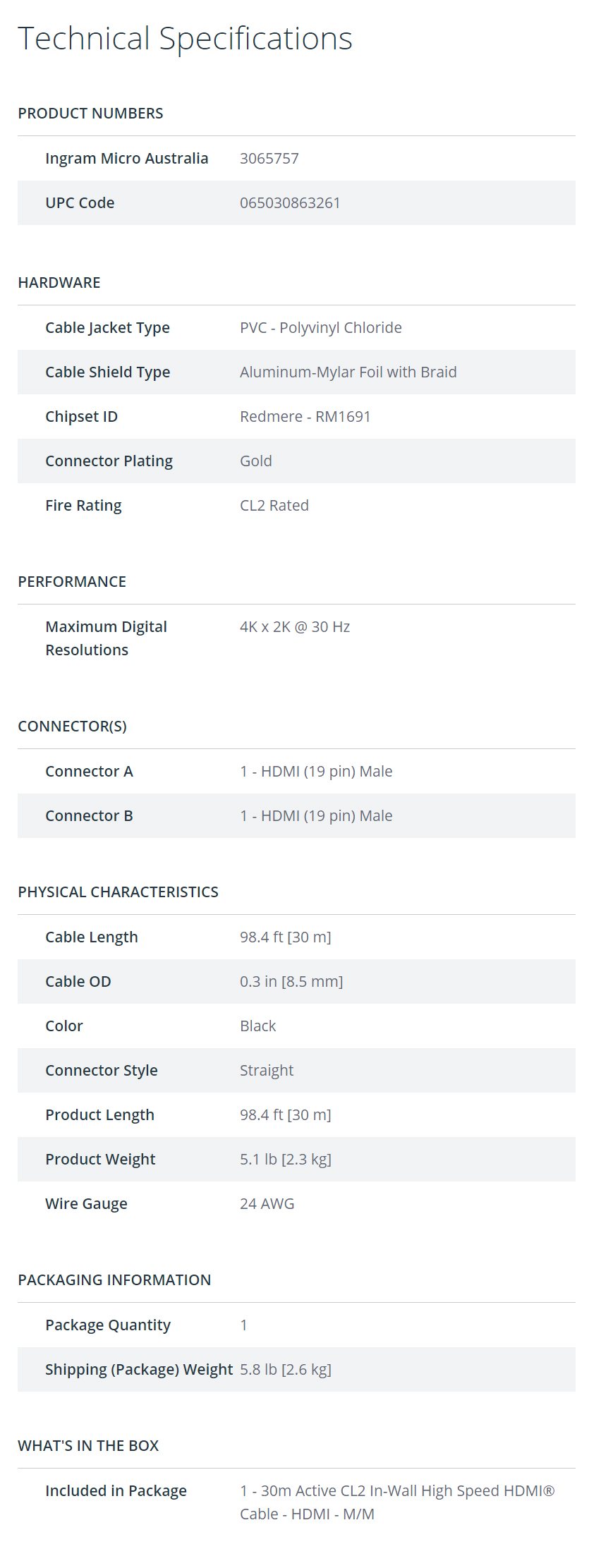 Startech High Speed HDMI Cable M/M - Active - CL2 In-Wall - 30 m (100 ft.)