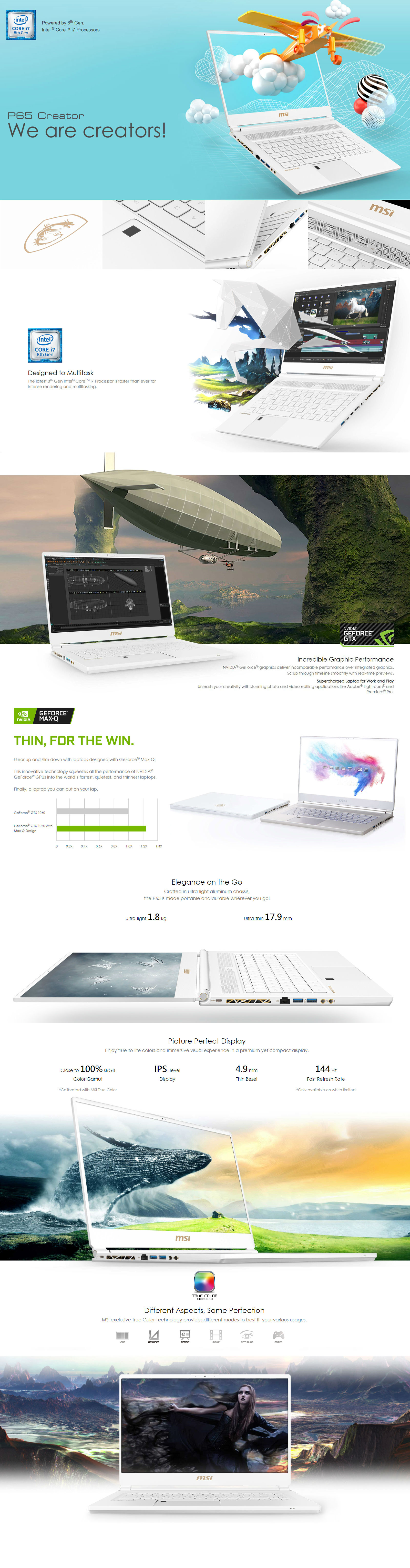 MSI P65 Creator 15.6in FHD 144Hz i7 8750H GTX 1070 512GB SSD 16GB RAM W10H Gaming Laptop - SIlver (P65 Creator 8RF-455AU)