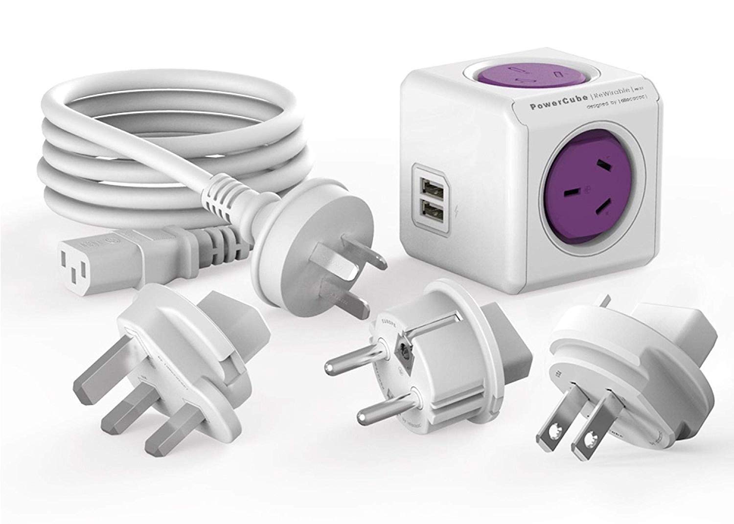 Allocacoc PowerCube ReWireable 2 USB 2 Outlets with 3 Plugs and AU IEC Cable Purple