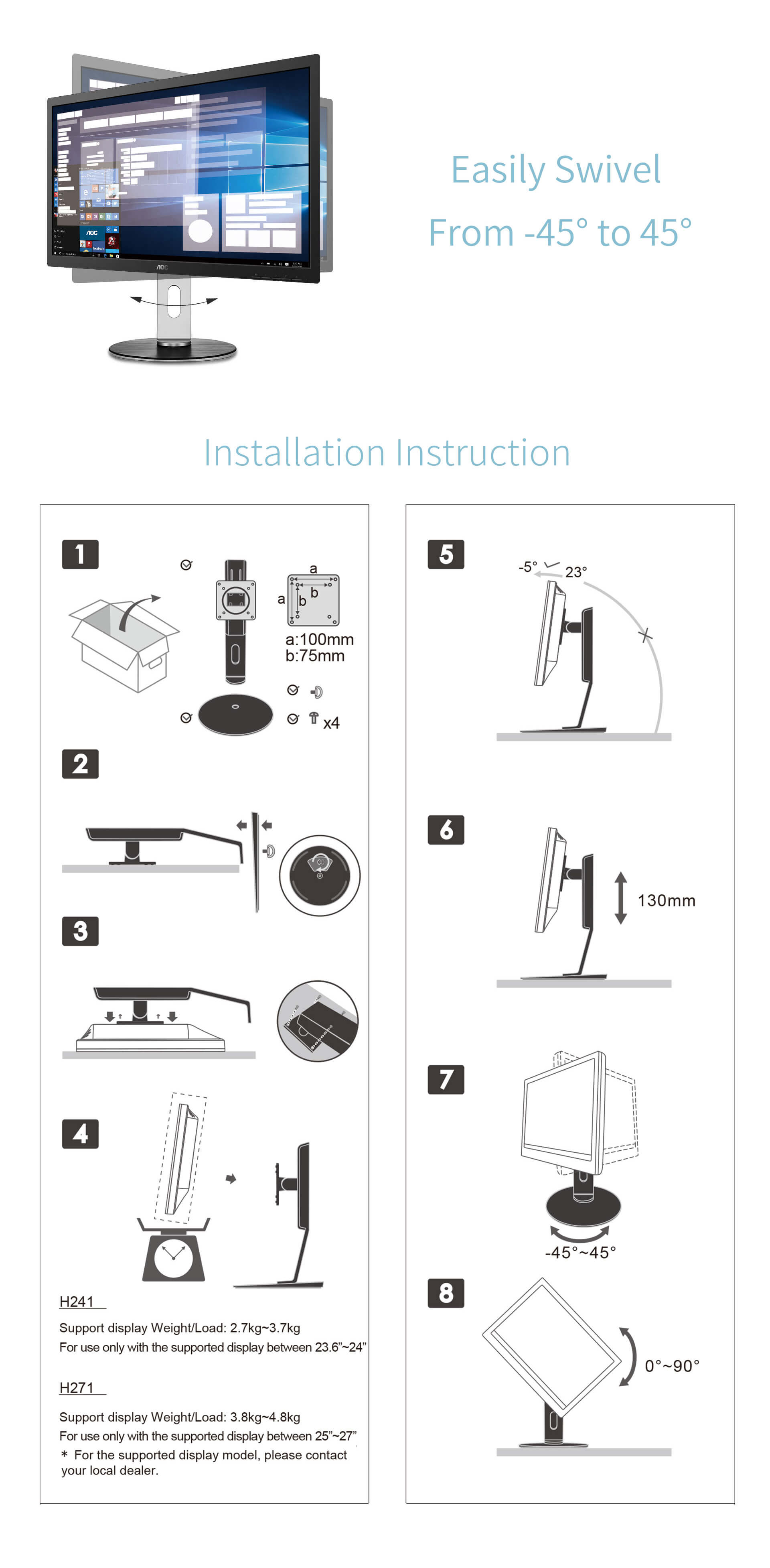 AOC 75/100mm 4-Way Height Adjustable Stand 2.7-3.7kg (H241)