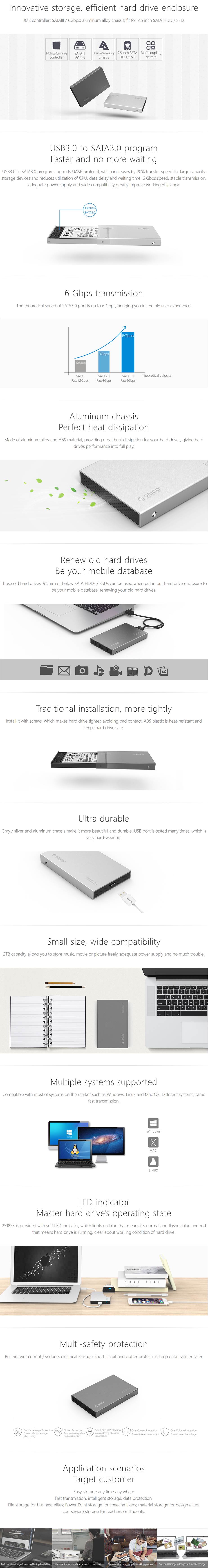 Orico 2.5in Aluminium Alloy USB 3 Hard Drive Enclosure - Silver