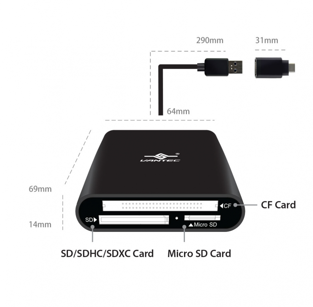 Vantec VLink USB 3.0 External Multi-Card Reader with USB-C Converter