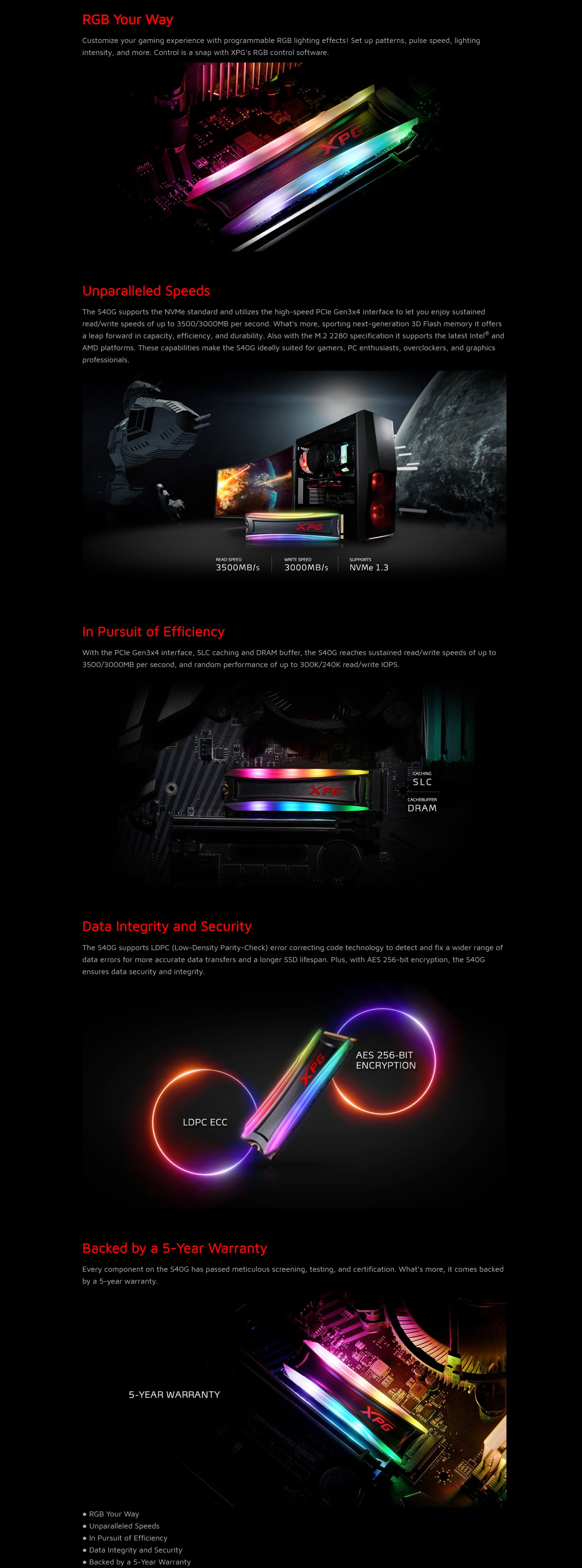 ADATA XPG Spectrix S40G 512GB RGB PCIe Gen3 M.2 2280 NVMe SSD (AS40G-512GT-C)