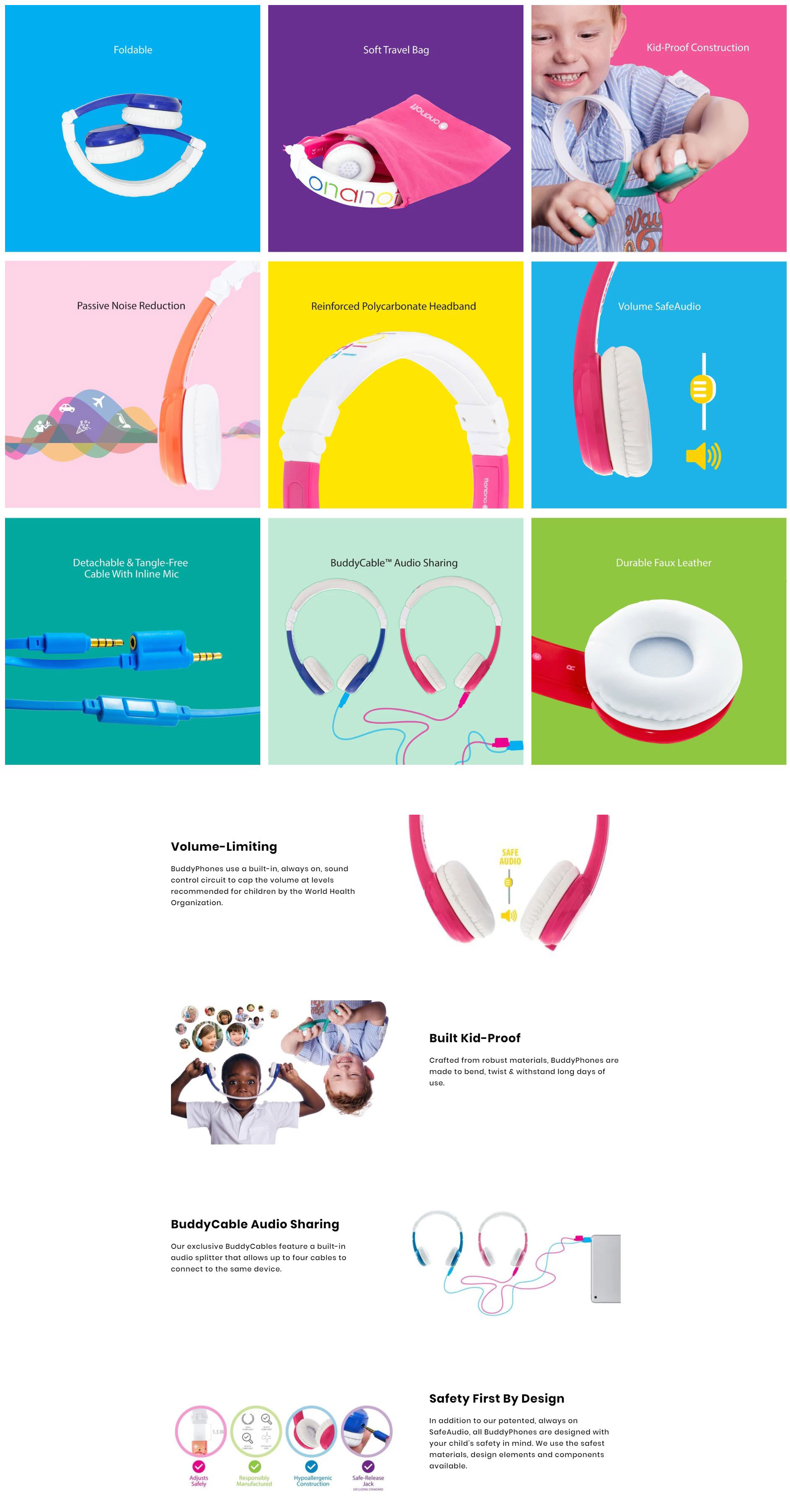 BuddyPhones Explore Kids Volume Limiting Foldable Headphones - Red