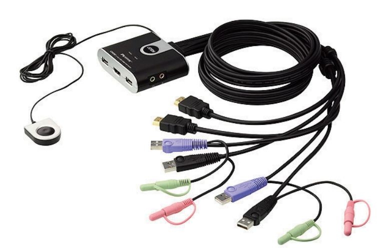Aten Petite 2 Port USB HDMI KVM Switch with Audio and remote button - Cables Built In