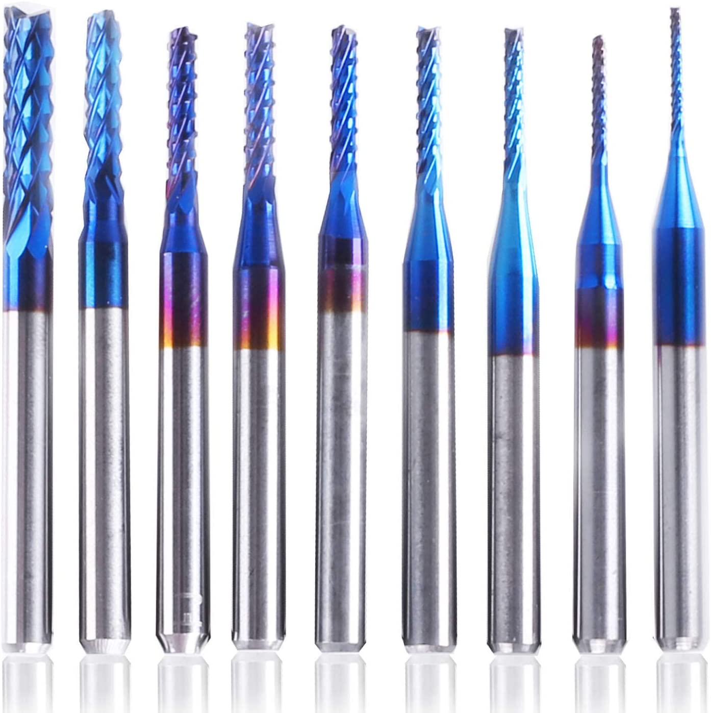 SainSmart Genmitsu 10Pcs Nano Blue Coat End Mill CNC Router Bits, 0.8-3mm, 1/8" Shank