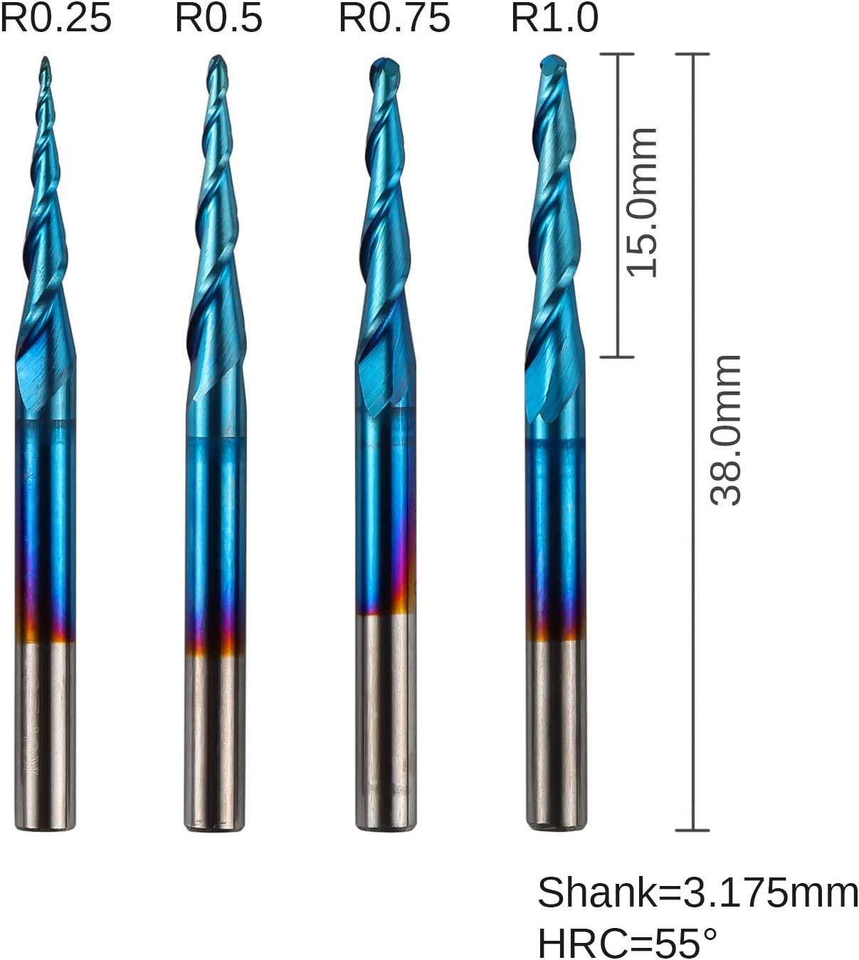 Genmitsu 4pcs 2-Flute Tapered Ball Nose End Mills Tungsten Carbide Cutter with Nano Blue Coat, R0.25-1.0, 1/8” Shank, TB04A