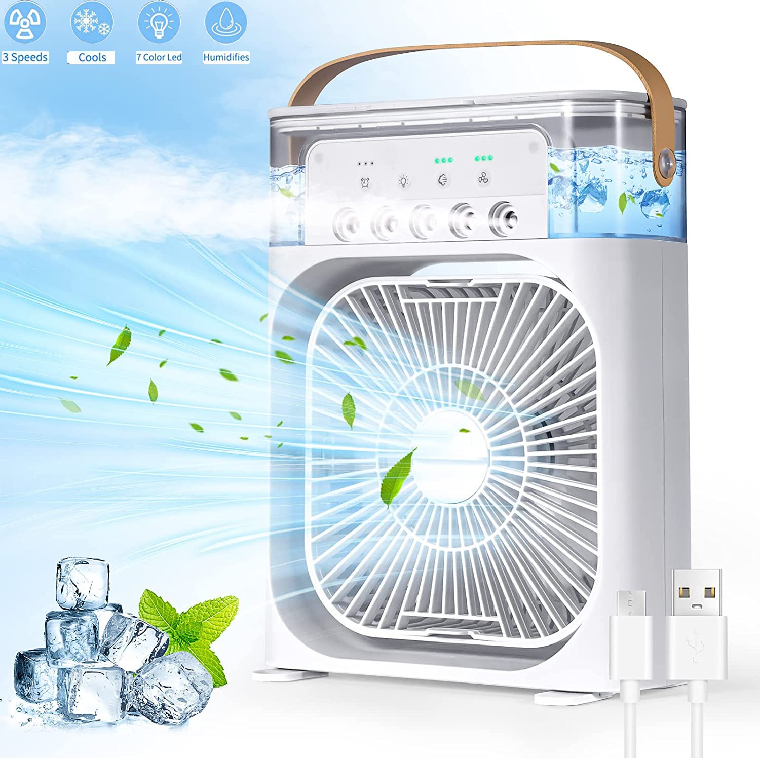 Misting Desk Fan 4-in-1 Portable Air Conditioner Fan 5 Mist Holes 3 Speeds USB Table Fan 7 Colors LED Night Lights Cooling Fan for Home Office