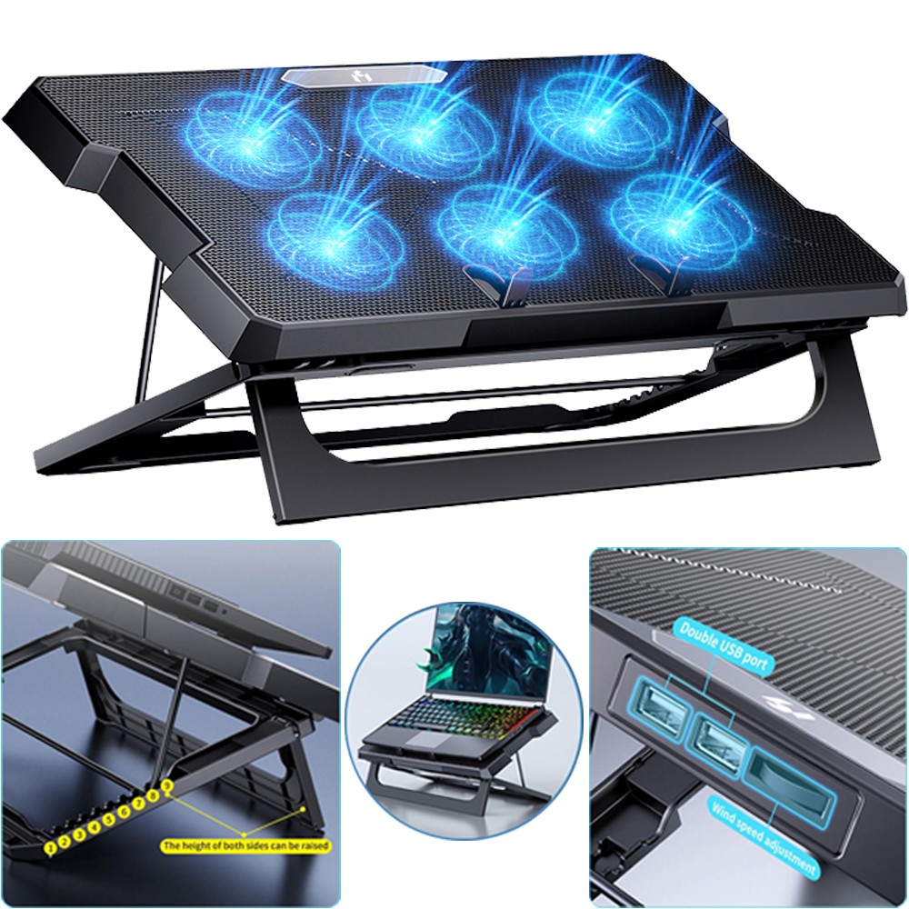 Laptop Cooling Pad Cooling Stand 6 Cooling Fans 9 Levels of Altitude Adjustment Laptop Cooler Large Airflow Quiet Anti-Slip LED Strip Light 2 USB Port