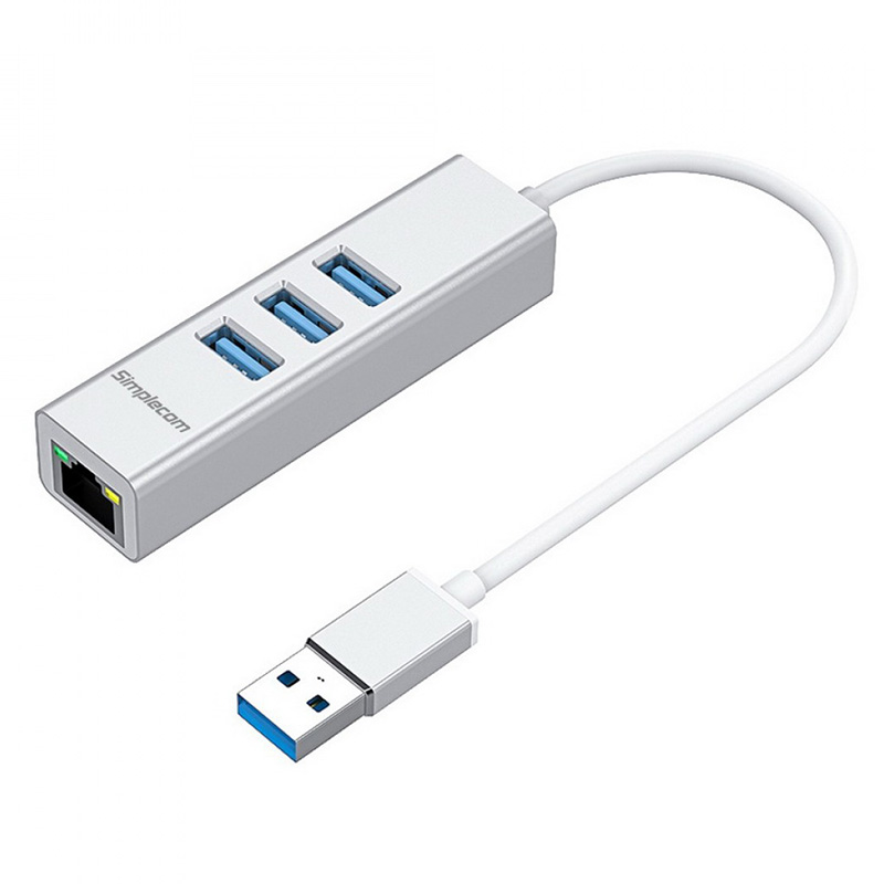 Simplecom CHN420 3 Port Aluminium USB-A Hub to USB-A with Gigabit Ethernet Adapter - Silver