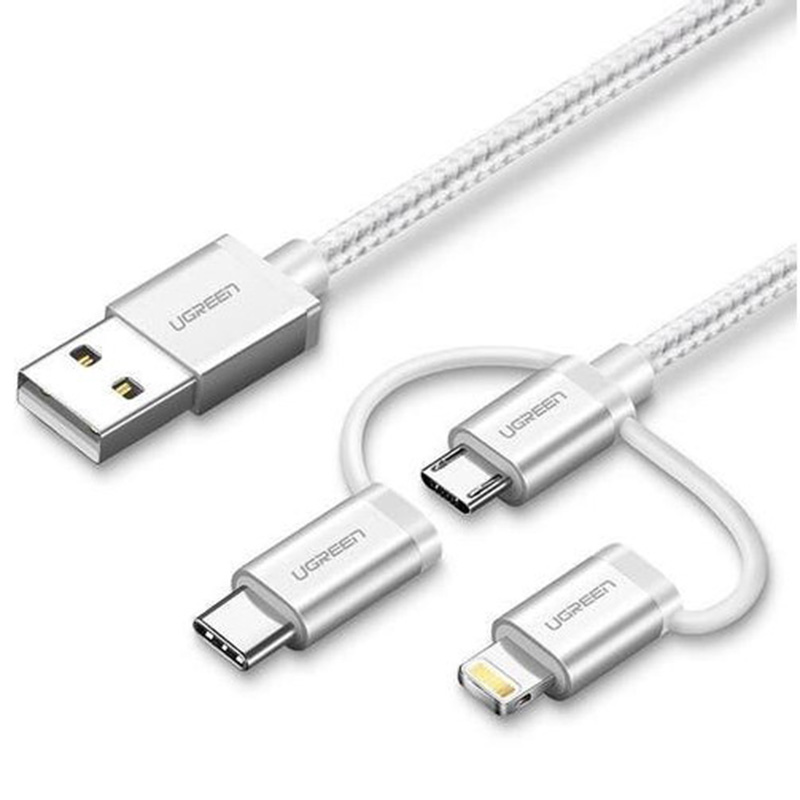 UGreen 3 in 1 USB-A to Micro USB+Lightning+Type C White Braided Silver Cable 1m