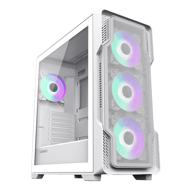 GameMax Siege E-ATX Mid-Tower Gaming Case ，1x Tempered glass side panel ，Pre-installed 4x ARGB Fans - white