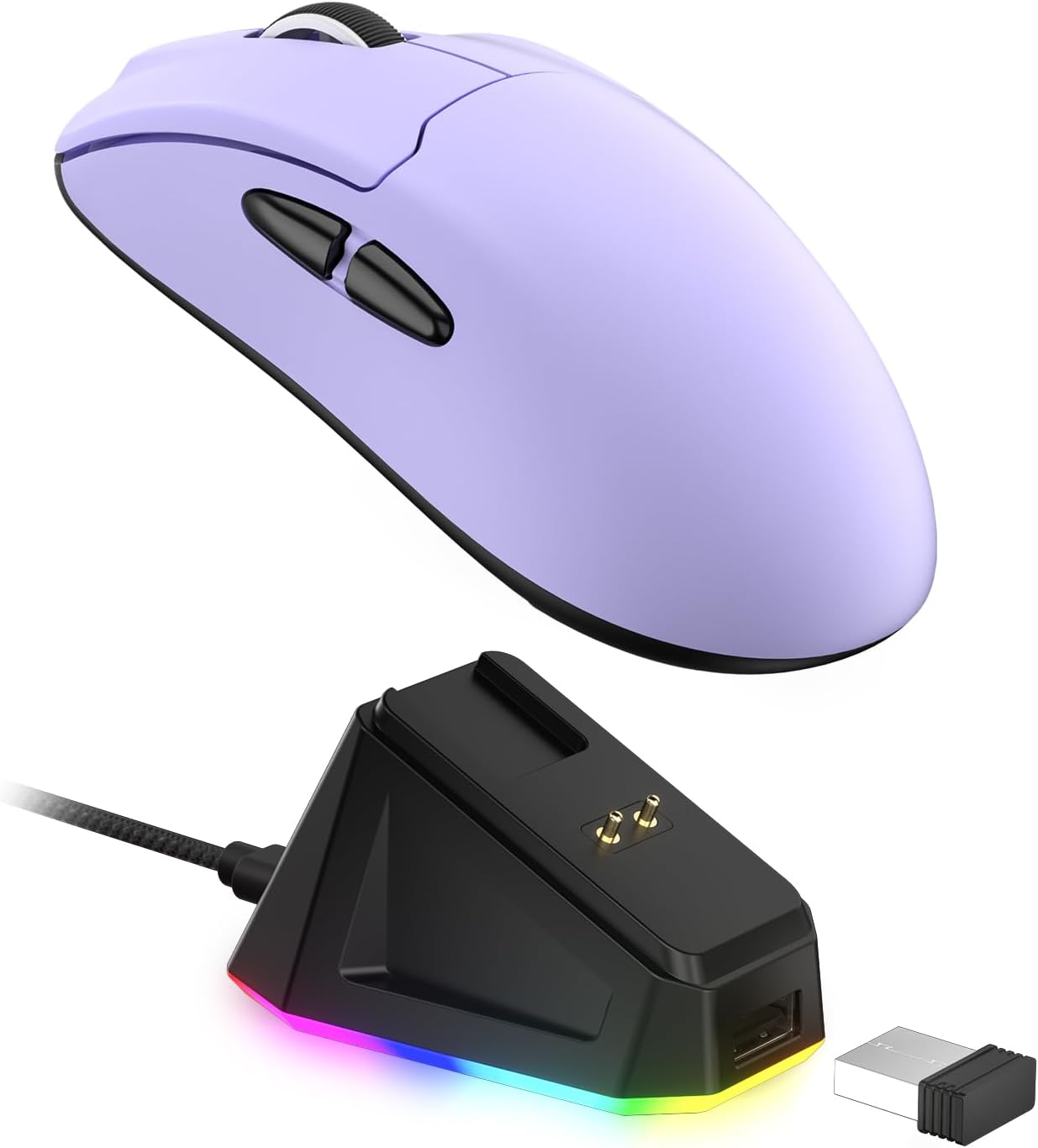 LTC GM022 Superlight 3-Mode Wireless Gaming Mouse with RGB Charging Dock, PAW3395 26K DPI Sensor, 55G Lightweight Ergonomic Bluetooth Gaming Mouse, 5 