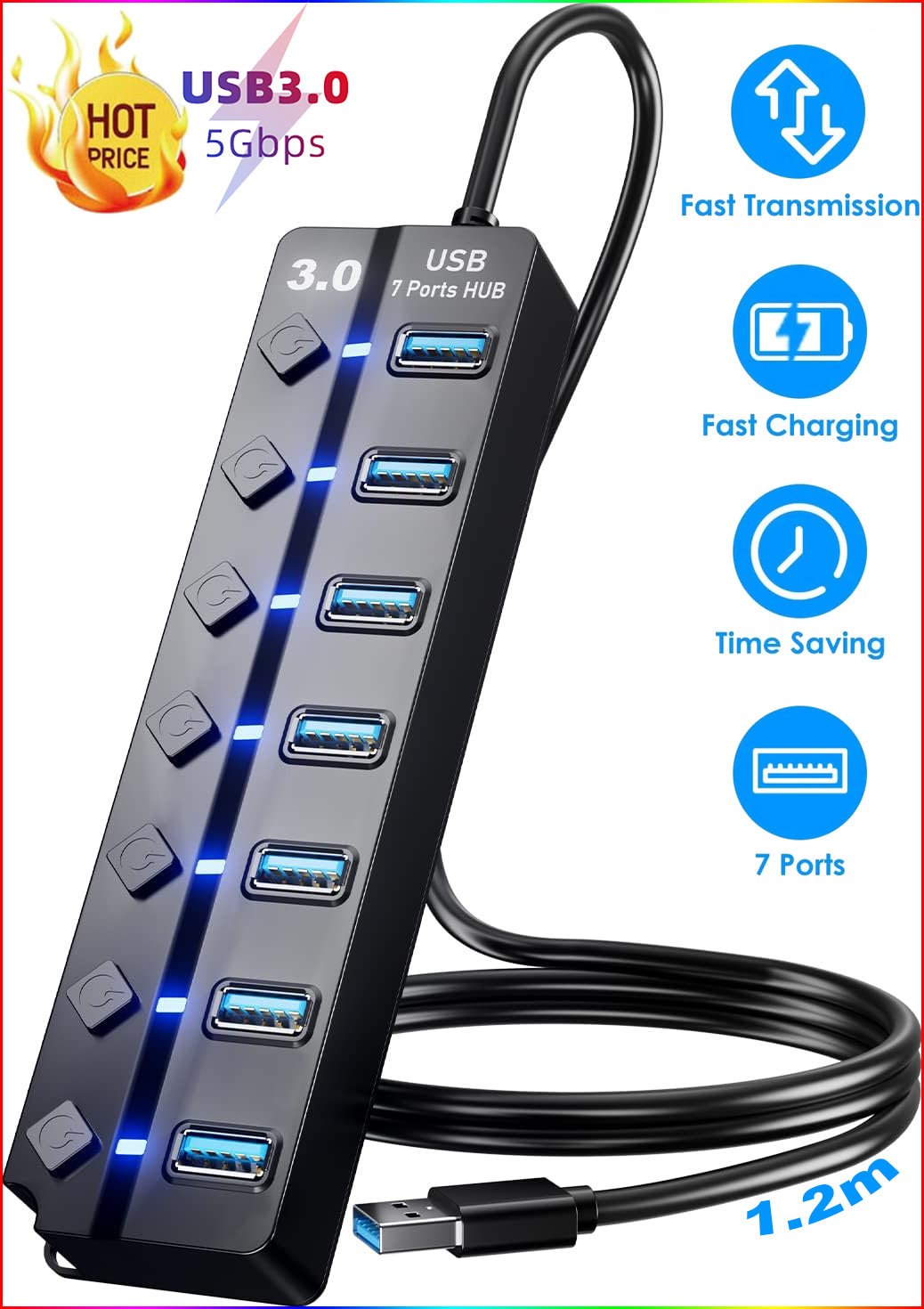 USB Hub 3.0 Splitter with Individual On/Off Switches and Lights 1.2m Long Cable USB Extension 7-Port USB Data Hub 2024 High quality5