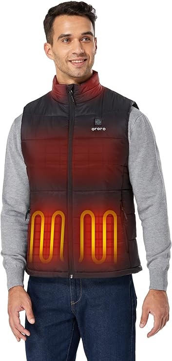 ORORO Men's Heated Vest with Battery Pack，Neutral Black，Size: L，Chest: 130.1CM, Sleeve length: 94.5CM