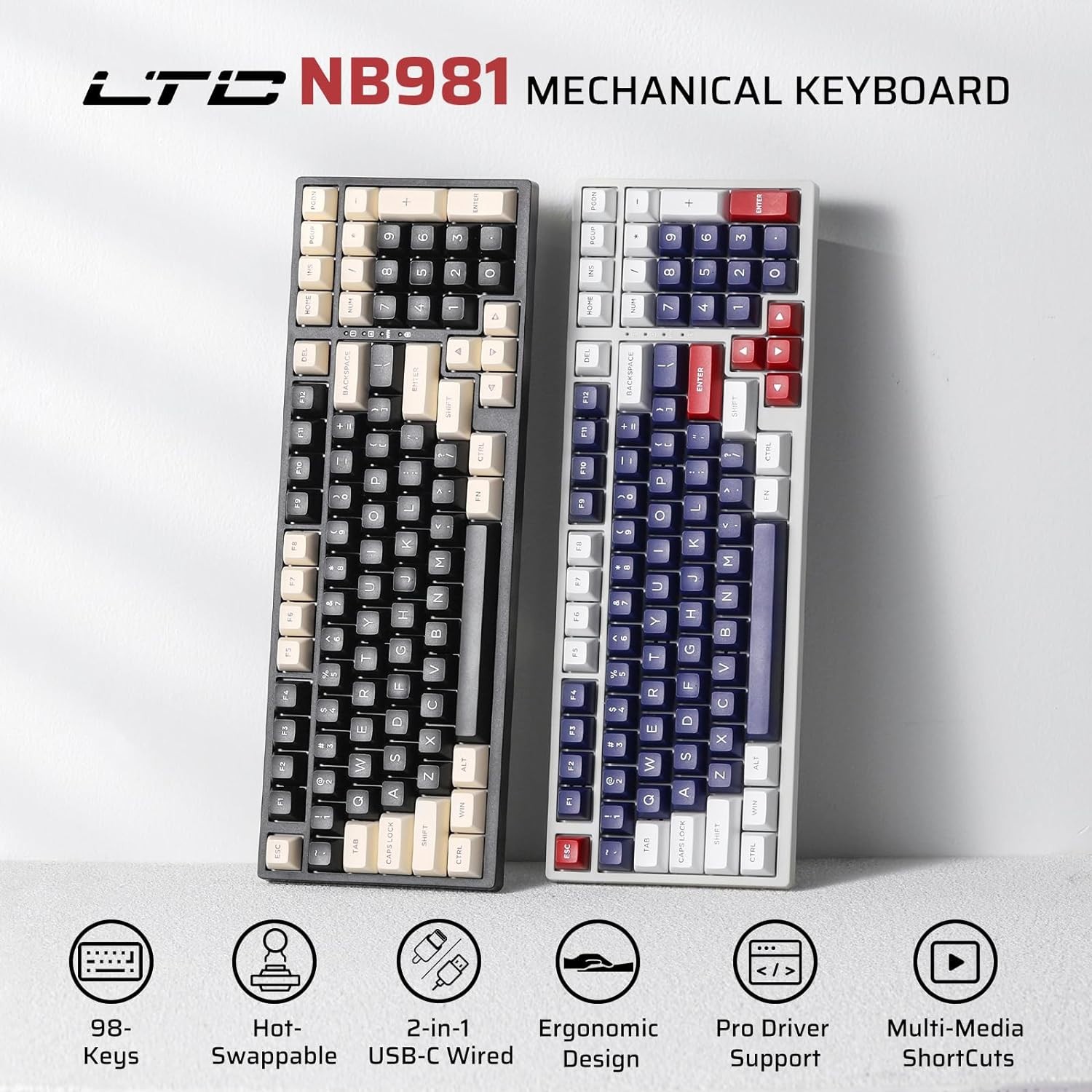 LTC NB981 Nimbleback 98 Keys Wired Mechanical Keyboard, 96% Gaming Keyboard w/White Backlit, Red Switch