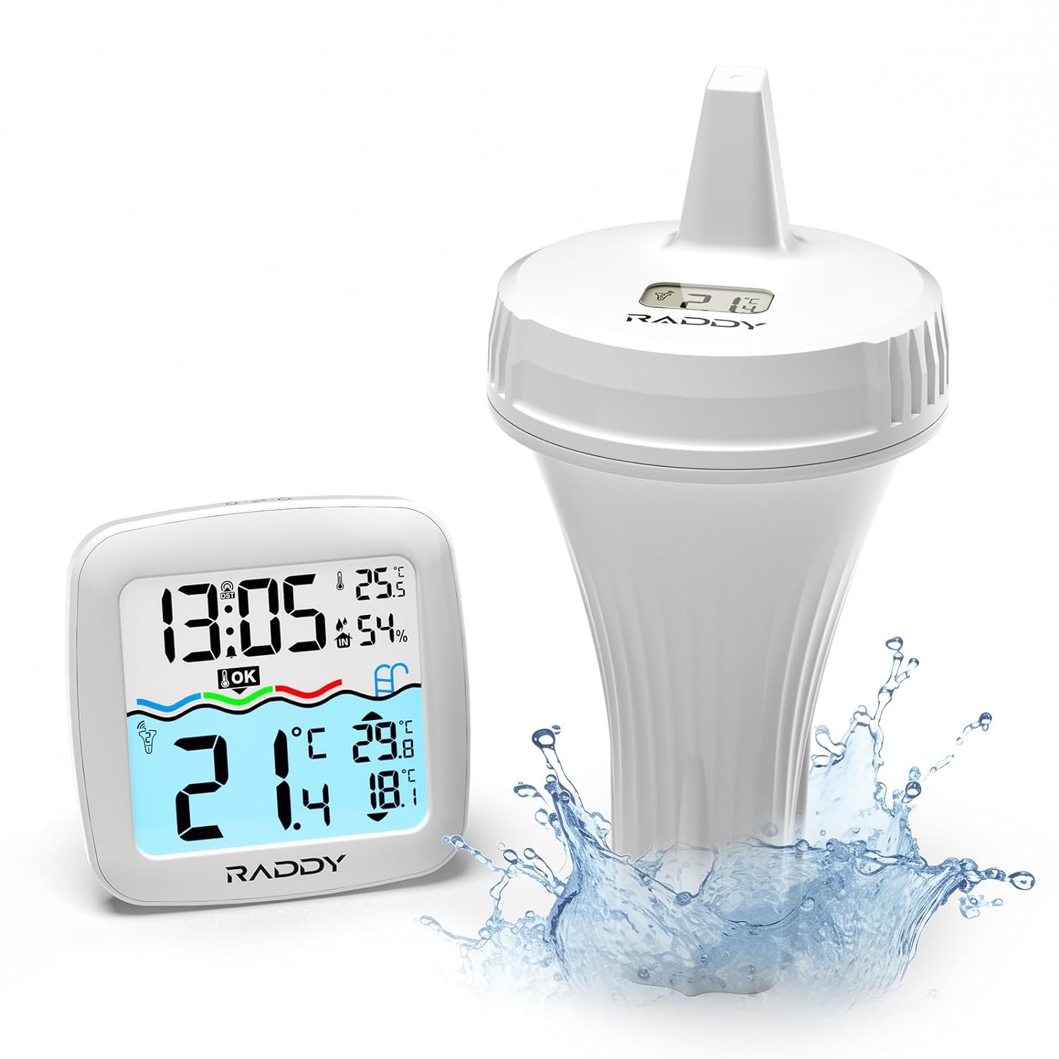 Raddy PT-2 Wireless Pool Thermometer Floating Easy Read, IPX7 Water Temperature Thermometer with Alarm Clock, Water Comfort Level