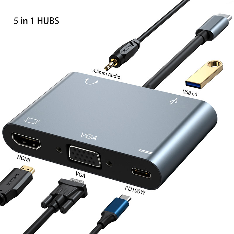 5 in 1 Hubs adapter Type C to HDMI VGA USB3.0 Audio 3.5mm PD100W Fast Charging Port USB-C Hubs Cable Adapter