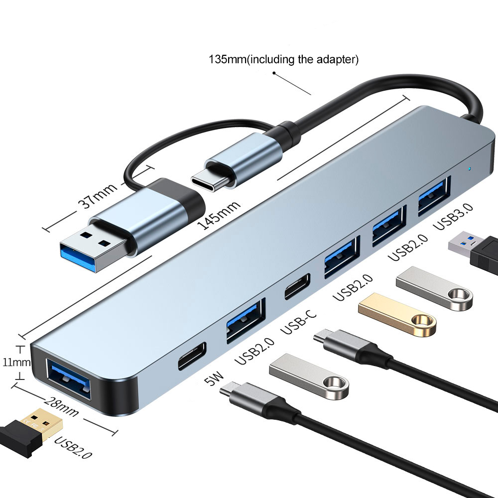 7 in 1 Multi-Functional Hubs Adapter with 135mm USB Extended USB 3.0 Ports USB Splitter for Keyboard Mouse Flash Drive