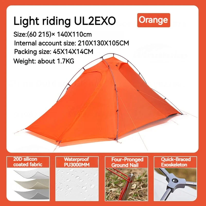 MOBI GARDEN UL 2 EXO Camping Hiking Tent 1-2 Person Ultralight 1.7KG Waterproof Rainproof Quick Open Winter Glamping - ORANGE