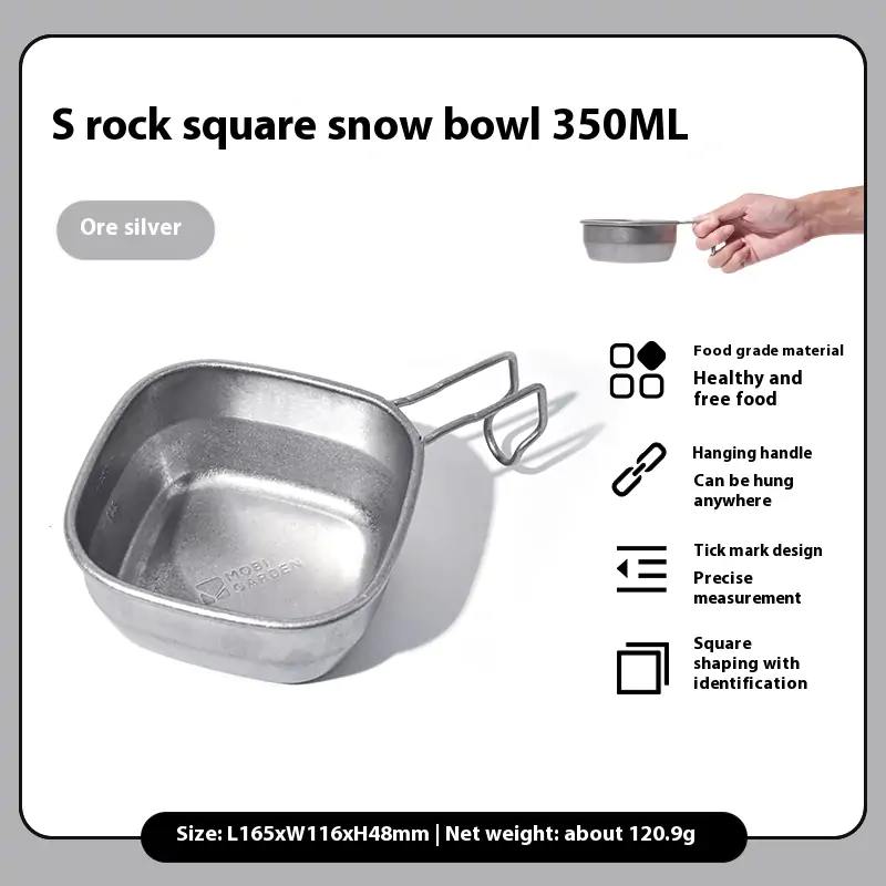 Mobi Garden Square Camping Bowl - Stainless Steel Portable Outdoor Picnic Tableware with Hanging Hook - SLIVERY  350ml
