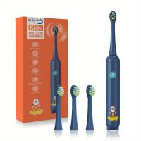 Kids Electric Toothbrush, Sonic Soft Bristle Rechargeable Toothbrushes with DIY Stickers,4 Replacement Brush Heads,Blue