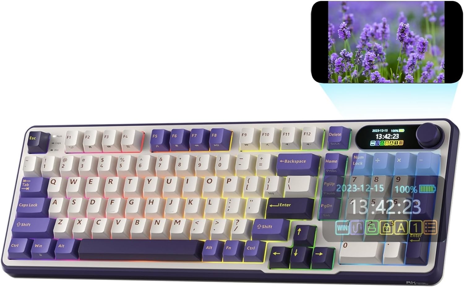 RK ROYAL KLUDGE Mechanical Keyboard S98, RGB, 2.4Ghz/BT/Wired, Misty Rain Switches, White, Mixed Color