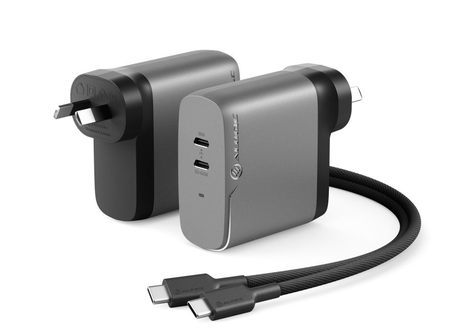 Alogic 2X68 Rapid Power 68W GaN 2 Port USB-C Charger with Charging Cable - Space Grey (WCG2X68SGR-ANZ)